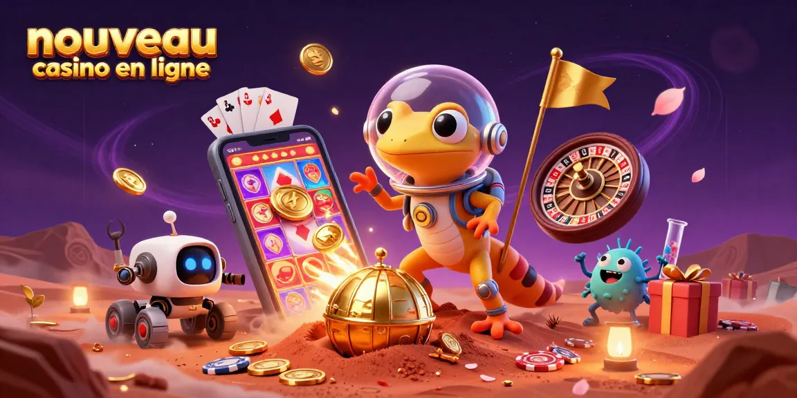 Illustration d'une découverte de nouveau casino en ligne par un gecko martien dans un univers coloré.