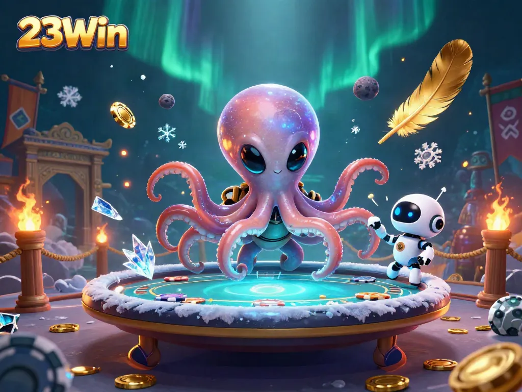 Bet on 23Win with a cosmic-themed poker showdown featuring an octopus and robot in action.