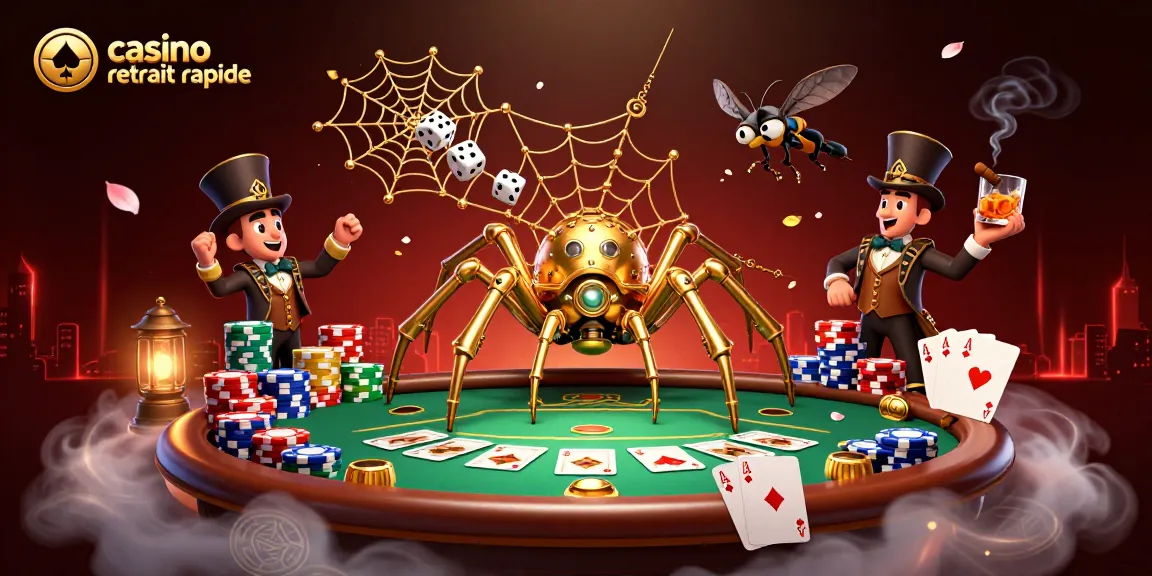 Profitez d'un retrait rapide au casino en observant une araignée dorée sur fond de jeu de cartes.