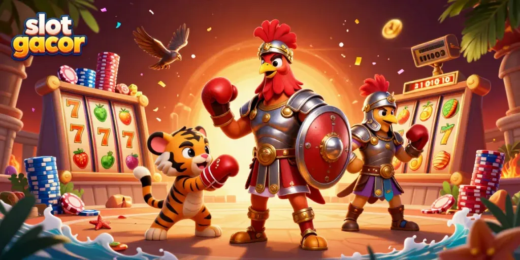 Menangkan hadiah besar di slot gacor dengan ilustrasi kasino penuh warna dan dinamis.