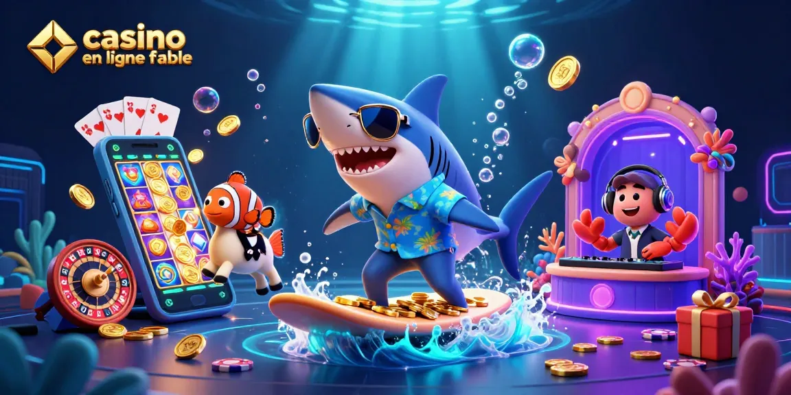Plongez dans l'univers de casino en ligne fiable avec un requin et ses amis dans une scène colorée de jeux.