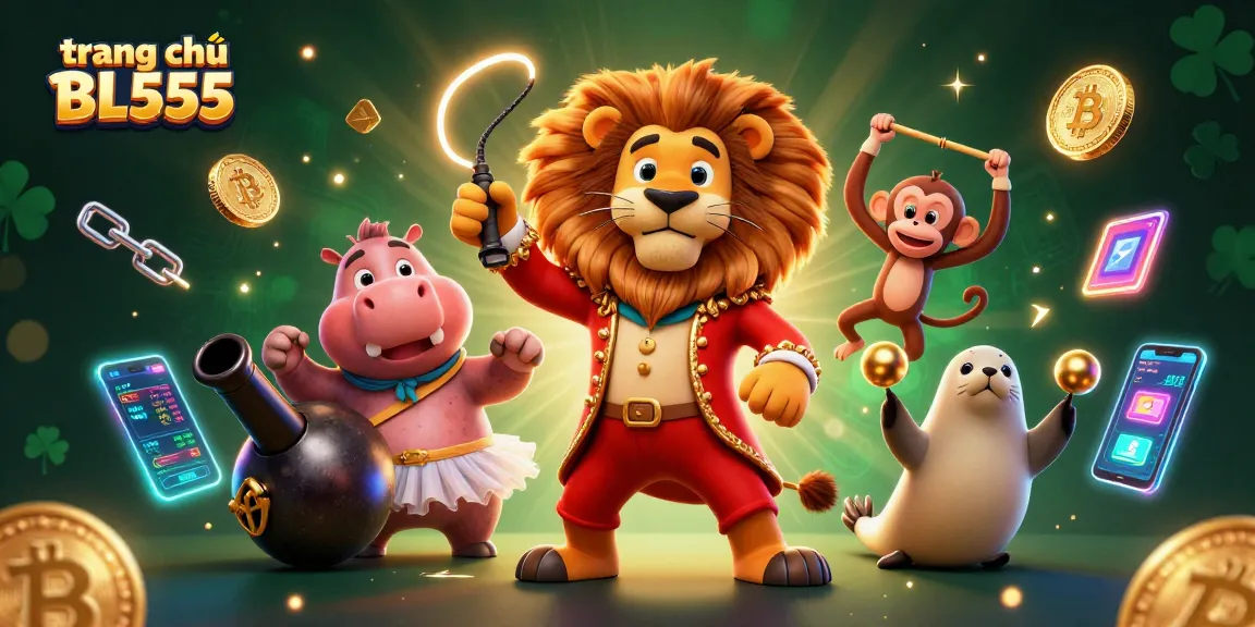 Experience dynamic gambling action with trang chủ BL555 in a vibrant 3D illustration of circus characters and crypto coins.