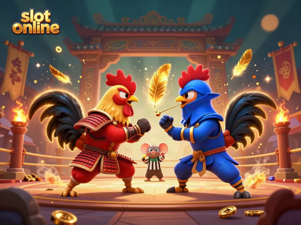 Engage with thrilling slot online action featuring dynamic 3D cartoon roosters in a showdown.
