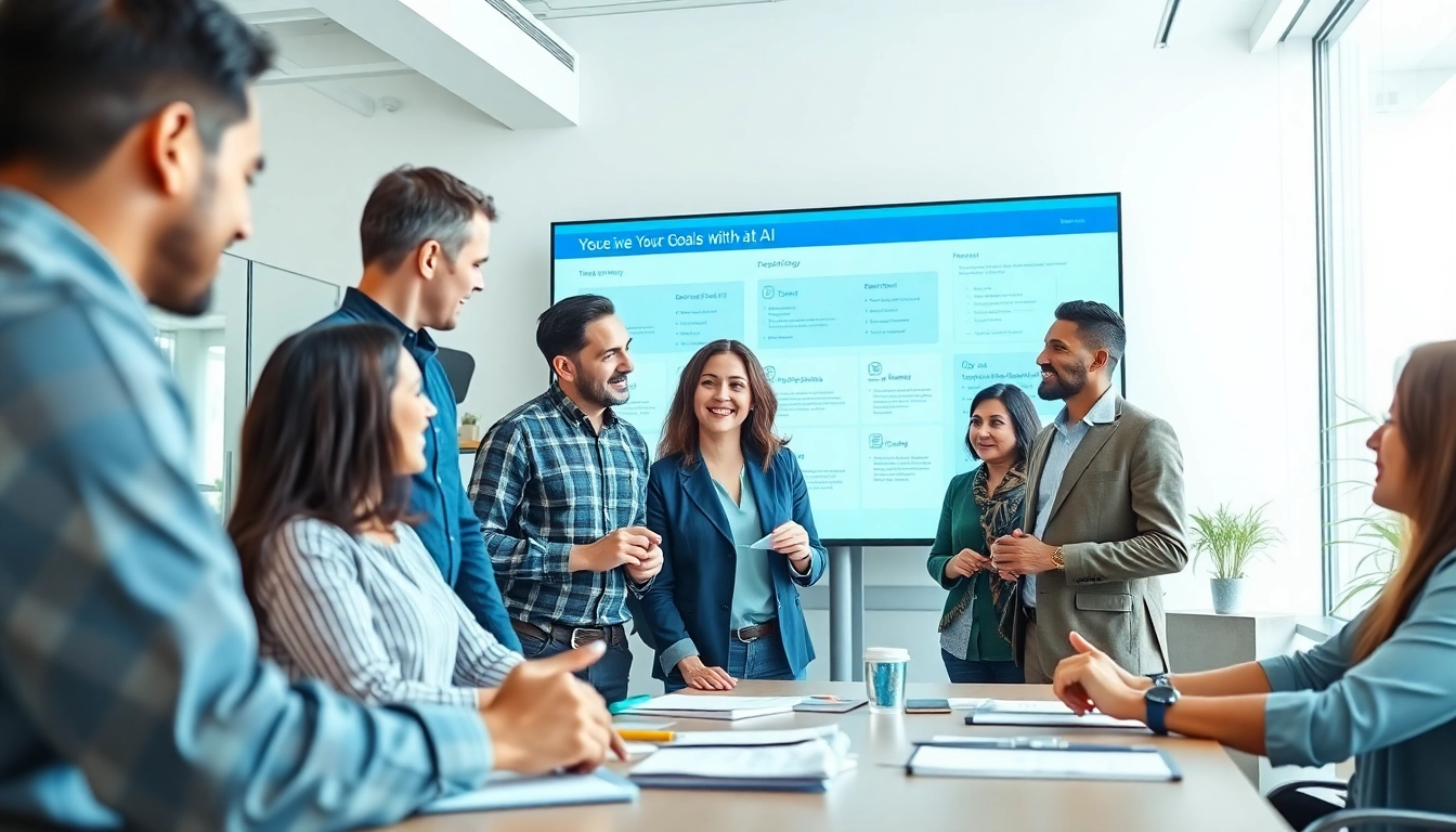 Teams brainstorming to Achieve Your Goals With AI in a modern office environment.