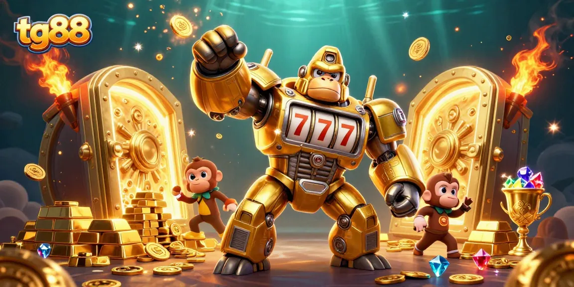 Join tg88's adventure with a golden gorilla mech celebrating winnings amid dazzling casino treasures.