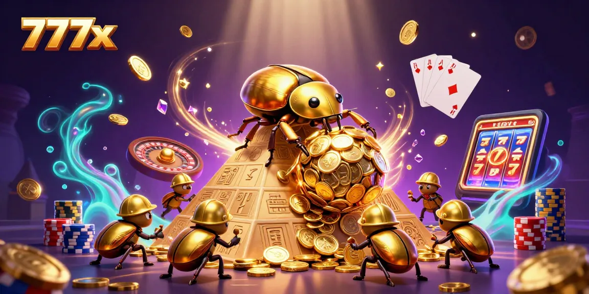 Experience 777x as you roll the golden coin ball in this vibrant casino illustration.