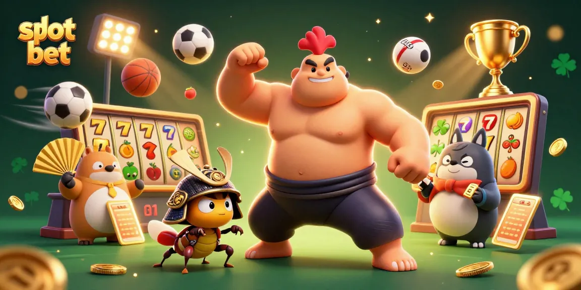 Slot bet seru dengan ayam sumo dan cricket bertarung sambil dikelilingi elemen kasino.