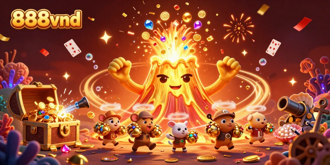888vnd engages players with a vibrant 3D casino scene packed with treasures and festive elements.