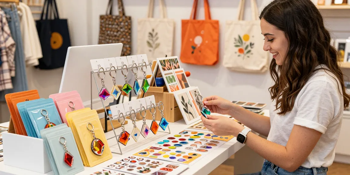 Custom acrylic diamond keychains displayed in a vibrant shopping scene, showcasing unique designs and colours.
