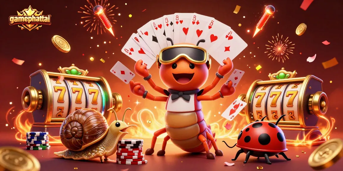 Engage with gamephattai excitement as a cartoon dealer showcases cards with vibrant casino elements.